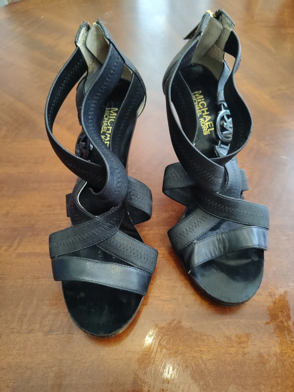 Michael Kors Black Leather Strappy Sandals Gold Zipper MK‎ Logo Cone Heels